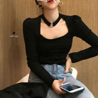 Long-sleeve Choker T-shirt Black - One Size