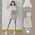 Cable Knit Sweater / Gingham Mini A-line Skirt / Set