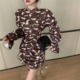 Bell-sleeve Print Drawstring Mini Sheath Dress White Pattern - Black - One Size