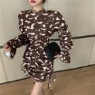 Bell-sleeve Print Drawstring Mini Sheath Dress White Pattern - Black - One Size