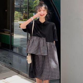 Short-sleeve Plaid Panel Shirtdress