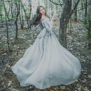 Off Shoulder Balloon-sleeve A-line Maxi Dress