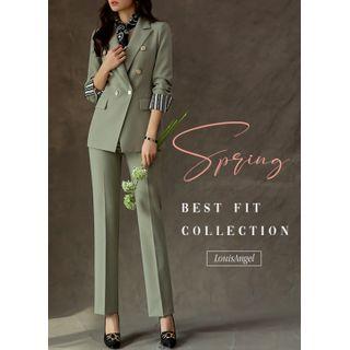 Set: Contrast-lined Double-breasted Blazer + Straight-cut Dress Pants