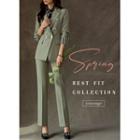 Set: Contrast-lined Double-breasted Blazer + Straight-cut Dress Pants