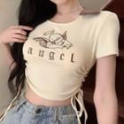 Short-sleeve Angel Embroidered Cropped T-shirt Almond - One Size