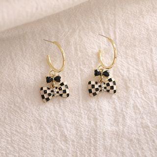 Checkerboard Bow Drop Earring 1 Pair - Gold & Black & White - One Size