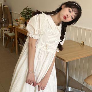 Puff-sleeve Bow Detail Midi Smock Dress White - One Size