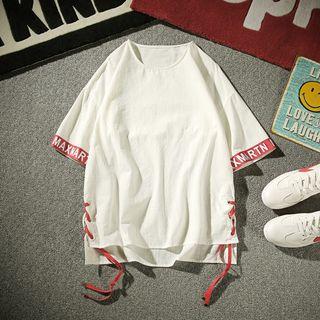 Lace-up Side Lettering Elbow-sleeve T-shirt