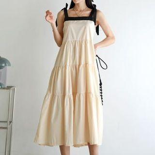 Contrast Tie-shoulder Midi Tiered Dress