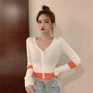Color Block Cropped Long-sleeve Knit Top