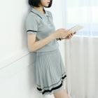 Petite Size Set: Piped Knit Polo Shirt + Accordion-pleat Miniskirt