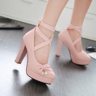 Cross Strap Chunky Heel Platform Pumps