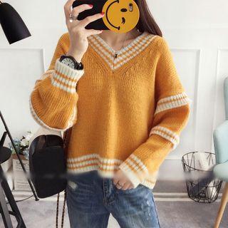 Panel V-neck Long-sleeve Knit Sweater