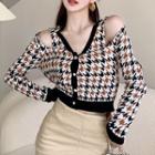 Cold-shoulder Houndstooth Cardigan Houndstooth - Brown & White - One Size