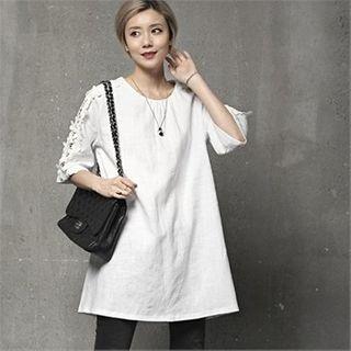 Lace-sleeve Linen Minidress