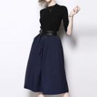 Set: Crew-neck Elbow-sleeve Knit Top + High Waist A-line Skirt