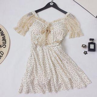 Short-sleeve Dotted Lace Up Swimdress