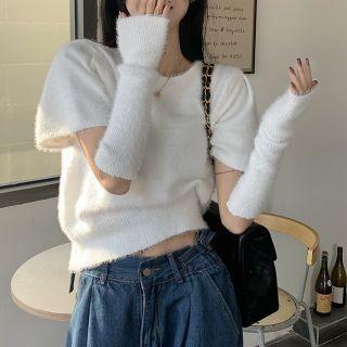 Set: Short-sleeve Fluffy Knit Top + Arm Sleeves