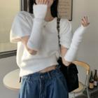 Set: Short-sleeve Fluffy Knit Top + Arm Sleeves