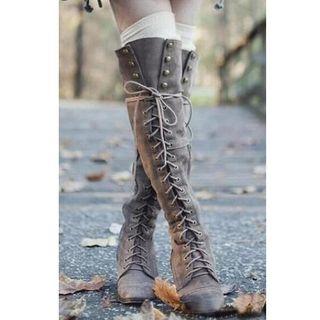 Faux Leather Lace-up Over-the-knee Block Heel Boots