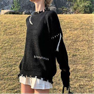 Distressed Lace-up Sweater Black - One Size