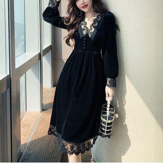 Long Sleeve V-neck Lace Trim Dress