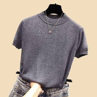 Short-sleeve Mock Neck Glitter Knit Top