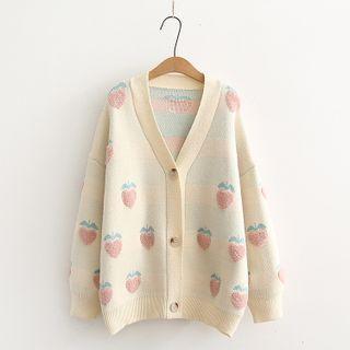Strawberry Print Cardigan Beige - One Size