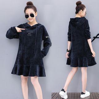 Lettering Embroidered Velvet Hoodie Dress