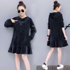 Lettering Embroidered Velvet Hoodie Dress