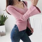 Bell-sleeve Slit-side Rib-knit Top