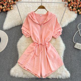 Short Sleeve Drawstring Hooded Playsuit