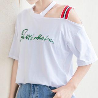 Cut Out Shoulder Embroidered Short-sleeve T-shirt