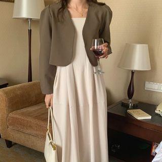Open Front Blazer / Spaghetti Strap Midi A-line Dress