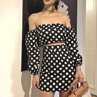 Set: 3/4-sleeve Off-shoulder Dotted Top + Mini Fitted Skirt Set Of 2 - Top - Black - One Size / Skirt - Black - One Size