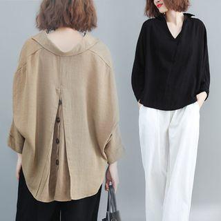 Long-sleeve Linen Blend V-neck Blouse