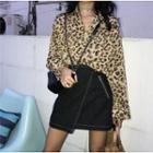 Leopard Print Long-sleeve Chiffon Shirt / Asymmetric A-line Skirt