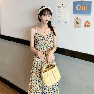 Spaghetti Strap Floral Midi A-line Dress Yellow - One Size
