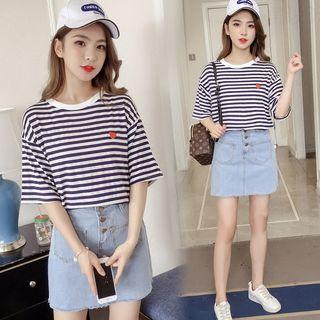 Set: Short Sleeve Striped T-shirt + Denim Skirt