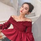 Off-shoulder Long-sleeve Top Wine Red - One Size