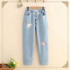 Fleece-lined Rabbit & Heart Embroidered Jeans