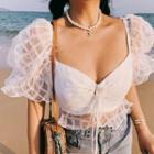 Puff-sleeve Cropped Mesh Blouse