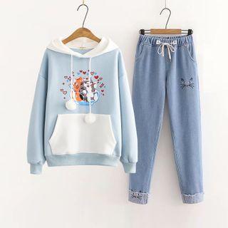 Set: Cat Print Hoodie + Straight-leg Jeans
