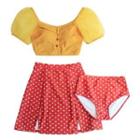 Set: Short-sleeve Swim Top + Dotted Skirt + Bottom