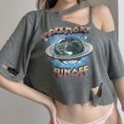 Set: Elbow-sleeve Cold Shoulder Distressed Graphic Print T-shirt + Bralette