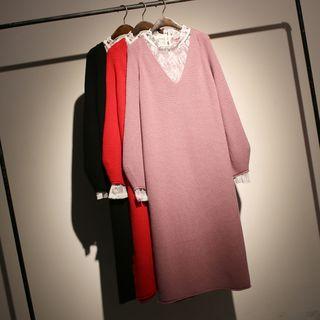 Set: Plain V-neck Long Sleeve Knit Dress + Long Sleeve Lace Dress