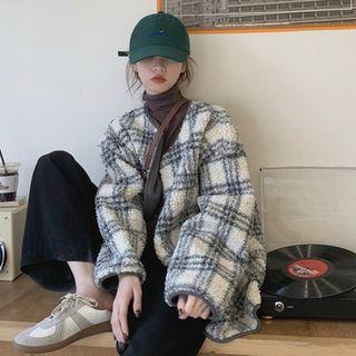 Plaid Fleece Open-front Jacket White - One Size