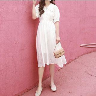 Collared Short-sleeve Midi A-line Dress White - One Size