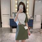 Short-sleeve Striped Twisted T-shirt + Striped Skirt