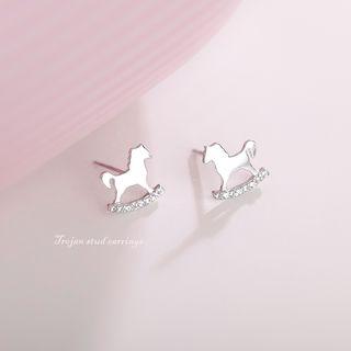 925 Sterling Silver Rhinestone Rocking Horse Stud Earring 1 Pair - Silver - One Size